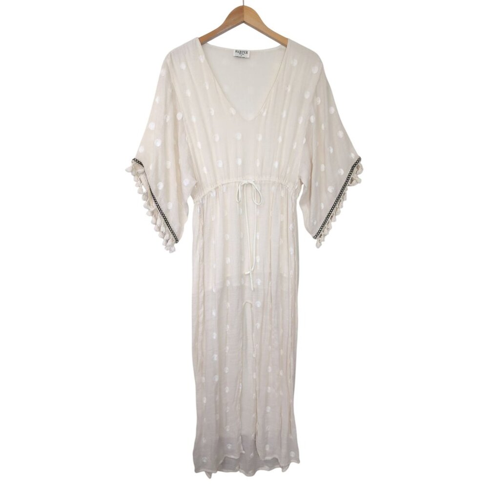 Harper New York Maxi Dress Womens S Cream Polkadot Fringe Sheer Boho Chic Beachy